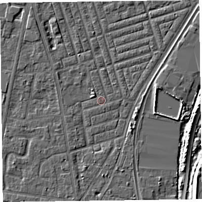 Shaded relief map of the ground around FY77NF, computed from Environment Agency LiDAR. The ground here sits at about 5 m above sea level and falls 8 m across the surrounding 800 m. Surface water reaching this point runs off ground lying to the north-west, 1.4 m higher.