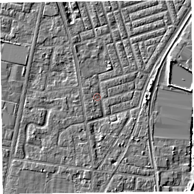Shaded relief map of the ground around FY77NG, computed from Environment Agency LiDAR. The ground here sits at about 5 m above sea level and falls 4 m across the surrounding 800 m. Surface water reaching this point runs off ground lying to the north-north-east, 1.7 m higher.