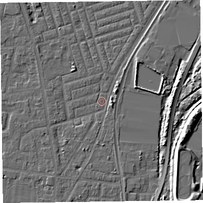 Shaded relief map of the ground around FY77NH, computed from Environment Agency LiDAR. The ground here sits at about 5 m above sea level and falls 10 m across the surrounding 800 m. Surface water reaching this point runs off ground lying to the north-west, 1.7 m higher.