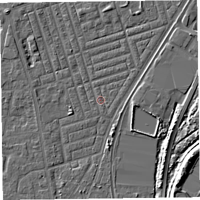 Shaded relief map of the ground around FY77NJ, computed from Environment Agency LiDAR. The ground here sits at about 5 m above sea level and falls 10 m across the surrounding 800 m. Surface water reaching this point runs off ground lying to the south, 0.6 m higher.