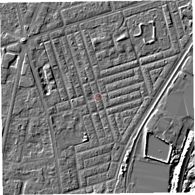 Shaded relief map of the ground around FY77NL, computed from Environment Agency LiDAR. The ground here sits at about 5 m above sea level and falls 6 m across the surrounding 800 m. Surface water reaching this point runs off ground lying to the west-north-west, 2.1 m higher.