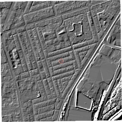 Shaded relief map of the ground around FY77NN, computed from Environment Agency LiDAR. The ground here sits at about 4 m above sea level and falls 9 m across the surrounding 800 m. Surface water reaching this point runs off ground lying to the west, 2.1 m higher.