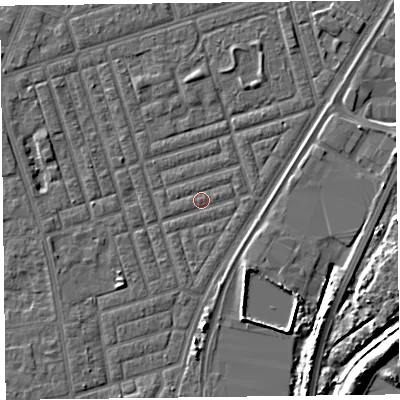 Shaded relief map of the ground around FY77NP, computed from Environment Agency LiDAR. The ground here sits at about 5 m above sea level and falls 10 m across the surrounding 800 m. Surface water reaching this point runs off ground lying to the south, 3.0 m higher.
