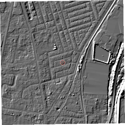 Shaded relief map of the ground around FY77NQ, computed from Environment Agency LiDAR. The ground here sits at about 5 m above sea level and falls 8 m across the surrounding 800 m. The ground contributing surface water to this point lies to the west.