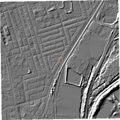 Shaded relief map of the ground around FY77NR, computed from Environment Agency LiDAR. The ground here sits at about 5 m above sea level and falls 10 m across the surrounding 800 m. Surface water reaching this point runs off ground lying to the south-south-west, 2.9 m higher.