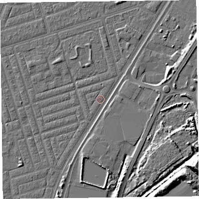 Shaded relief map of the ground around FY77NS, computed from Environment Agency LiDAR. The ground here sits at about 5 m above sea level and falls 15 m across the surrounding 800 m. Surface water reaching this point runs off ground lying to the north-west, 0.7 m higher.