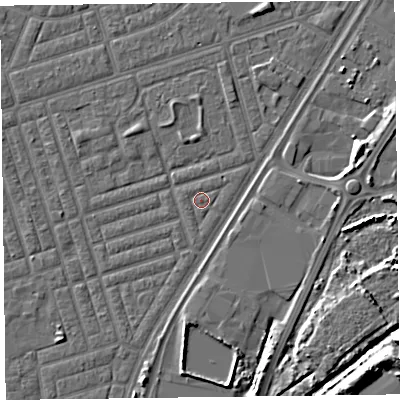 Shaded relief map of the ground around FY77NT, computed from Environment Agency LiDAR. The ground here sits at about 5 m above sea level and falls 9 m across the surrounding 800 m. Surface water reaching this point runs off ground lying to the north, 0.7 m higher.