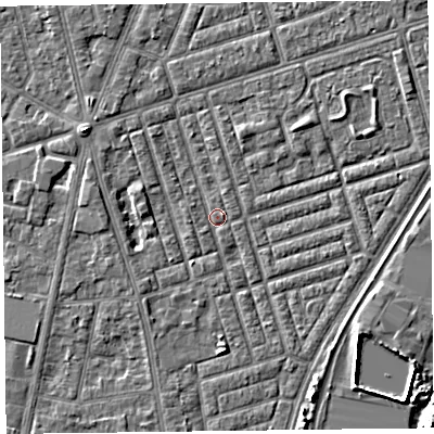 Shaded relief map of the ground around FY77NU, computed from Environment Agency LiDAR. The ground here sits at about 5 m above sea level and falls 5 m across the surrounding 800 m. Surface water reaching this point runs off ground lying to the west-north-west, 2.9 m higher.