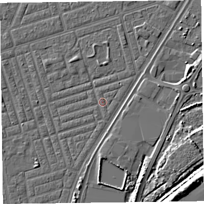 Shaded relief map of the ground around FY77NW, computed from Environment Agency LiDAR. The ground here sits at about 5 m above sea level and falls 9 m across the surrounding 800 m. Surface water reaching this point runs off ground lying to the south-south-west, 1.7 m higher.