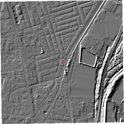 Shaded relief map of the ground around FY77NX, computed from Environment Agency LiDAR. The ground here sits at about 5 m above sea level and falls 10 m across the surrounding 800 m. Surface water reaching this point runs off ground lying to the east-south-east, 3.0 m higher.