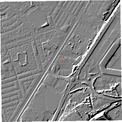 Shaded relief map of the ground around FY77NY, computed from Environment Agency LiDAR. The ground here sits at about 5 m above sea level and falls 16 m across the surrounding 800 m. Surface water reaching this point runs off ground lying to the east-south-east, 5.1 m higher.