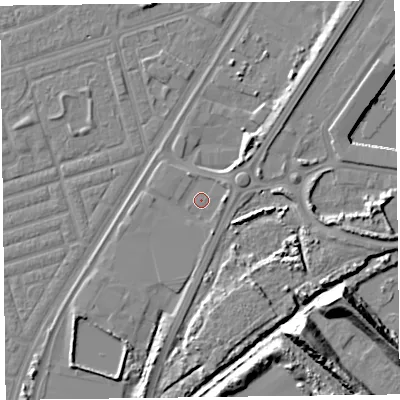 Shaded relief map of the ground around FY77PA, computed from Environment Agency LiDAR. The ground here sits at about 6 m above sea level and falls 16 m across the surrounding 800 m. Surface water reaching this point runs off ground lying to the east, 2.1 m higher.