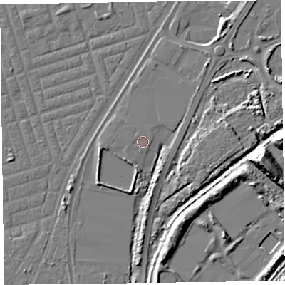Shaded relief map of the ground around FY77PB, computed from Environment Agency LiDAR. The ground here sits at about 6 m above sea level and falls 15 m across the surrounding 800 m. The ground contributing surface water to this point lies to the west-south-west.
