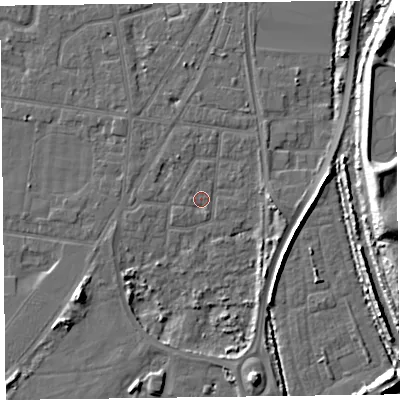 Shaded relief map of the ground around FY77PD, computed from Environment Agency LiDAR. The ground here sits at about 5 m above sea level and falls 12 m across the surrounding 800 m. Surface water reaching this point runs off ground lying to the east, 3.6 m higher.