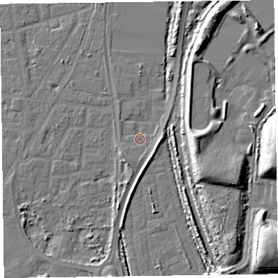 Shaded relief map of the ground around FY77PE, computed from Environment Agency LiDAR. The ground here sits at about 5 m above sea level and falls 15 m across the surrounding 800 m. Surface water reaching this point runs off ground lying to the south-west, 1.9 m higher.