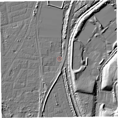 Shaded relief map of the ground around FY77PF, computed from Environment Agency LiDAR. The ground here sits at about 4 m above sea level and falls 17 m across the surrounding 800 m. Surface water reaching this point runs off ground lying to the south, 5.6 m higher.