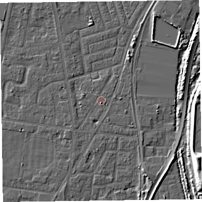 Shaded relief map of the ground around FY77PG, computed from Environment Agency LiDAR. The ground here sits at about 5 m above sea level and falls 11 m across the surrounding 800 m. Surface water reaching this point runs off ground lying to the south, 1.1 m higher.