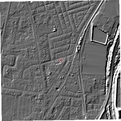 Shaded relief map of the ground around FY77PH, computed from Environment Agency LiDAR. The ground here sits at about 5 m above sea level and falls 11 m across the surrounding 800 m. Surface water reaching this point runs off ground lying to the north, 1.7 m higher.