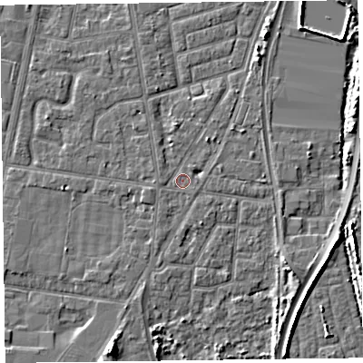 Shaded relief map of the ground around FY77PJ, computed from Environment Agency LiDAR. The ground here sits at about 5 m above sea level and falls 6 m across the surrounding 800 m. Surface water reaching this point runs off ground lying to the south-west, 0.6 m higher.