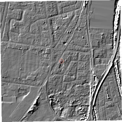 Shaded relief map of the ground around FY77PL, computed from Environment Agency LiDAR. The ground here sits at about 5 m above sea level and falls 6 m across the surrounding 800 m. Surface water reaching this point runs off ground lying to the south-west, 0.6 m higher.