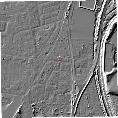 Shaded relief map of the ground around FY77PN, computed from Environment Agency LiDAR. The ground here sits at about 5 m above sea level and falls 12 m across the surrounding 800 m. Surface water reaching this point runs off ground lying to the north-west, 0.8 m higher.