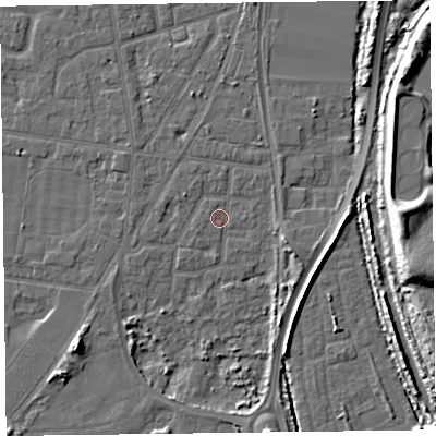 Shaded relief map of the ground around FY77PP, computed from Environment Agency LiDAR. The ground here sits at about 5 m above sea level and falls 12 m across the surrounding 800 m. Surface water reaching this point runs off ground lying to the east-south-east, 3.6 m higher.