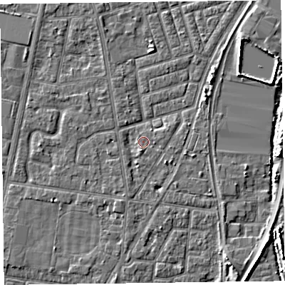 Shaded relief map of the ground around FY77PQ, computed from Environment Agency LiDAR. The ground here sits at about 5 m above sea level and falls 6 m across the surrounding 800 m. Surface water reaching this point runs off ground lying to the south-east, 1.6 m higher.