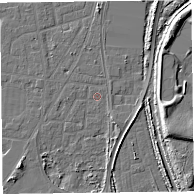 Shaded relief map of the ground around FY77PR, computed from Environment Agency LiDAR. The ground here sits at about 5 m above sea level and falls 12 m across the surrounding 800 m. Surface water reaching this point runs off ground lying to the south-east, 1.2 m higher.