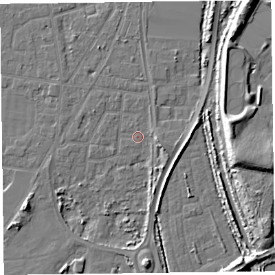 Shaded relief map of the ground around FY77PS, computed from Environment Agency LiDAR. The ground here sits at about 5 m above sea level and falls 12 m across the surrounding 800 m. Surface water reaching this point runs off ground lying to the east-south-east, 3.6 m higher.