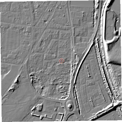 Shaded relief map of the ground around FY77PT, computed from Environment Agency LiDAR. The ground here sits at about 5 m above sea level and falls 12 m across the surrounding 800 m. Surface water reaching this point runs off ground lying to the east-north-east, 3.6 m higher.