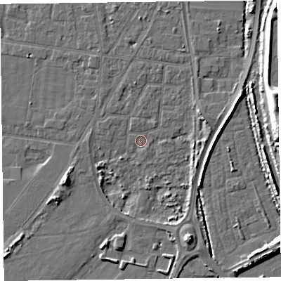 Shaded relief map of the ground around FY77PU, computed from Environment Agency LiDAR. The ground here sits at about 5 m above sea level and falls 11 m across the surrounding 800 m. Surface water reaching this point runs off ground lying to the east-north-east, 3.6 m higher.
