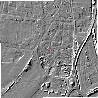 Shaded relief map of the ground around FY77PX, computed from Environment Agency LiDAR. The ground here sits at about 5 m above sea level and falls 6 m across the surrounding 800 m. Surface water reaching this point runs off ground lying to the east-north-east, 3.6 m higher.
