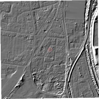 Shaded relief map of the ground around FY77PY, computed from Environment Agency LiDAR. The ground here sits at about 5 m above sea level and falls 12 m across the surrounding 800 m. Surface water reaching this point runs off ground lying to the east-south-east, 3.6 m higher.