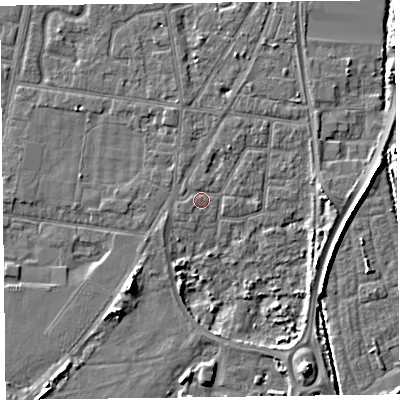Shaded relief map of the ground around FY77PZ, computed from Environment Agency LiDAR. The ground here sits at about 5 m above sea level and falls 6 m across the surrounding 800 m. Surface water reaching this point runs off ground lying to the east, 3.6 m higher.
