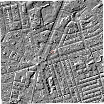 Shaded relief map of the ground around FY77QA, computed from Environment Agency LiDAR. The ground here sits at about 5 m above sea level and falls 4 m across the surrounding 800 m. Surface water reaching this point runs off ground lying to the south-west, 1.0 m higher.