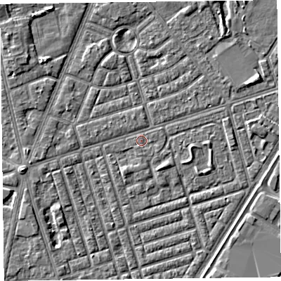 Shaded relief map of the ground around FY77QE, computed from Environment Agency LiDAR. The ground here sits at about 5 m above sea level and falls 4 m across the surrounding 800 m. Surface water reaching this point runs off ground lying to the south-south-west, 0.5 m higher.