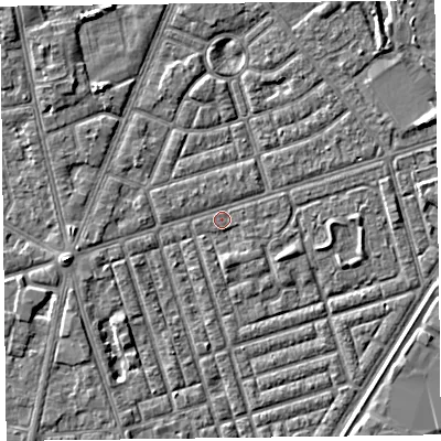Shaded relief map of the ground around FY77QF, computed from Environment Agency LiDAR. The ground here sits at about 5 m above sea level and falls 4 m across the surrounding 800 m. Surface water reaching this point runs off ground lying to the south, 1.3 m higher.
