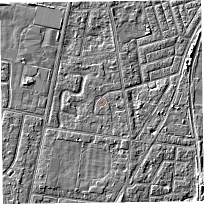 Shaded relief map of the ground around FY78AR, computed from Environment Agency LiDAR. The ground here sits at about 5 m above sea level and falls 3 m across the surrounding 800 m. Surface water reaching this point runs off ground lying to the east-south-east, 1.1 m higher.