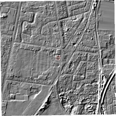 Shaded relief map of the ground around FY78AS, computed from Environment Agency LiDAR. The ground here sits at about 5 m above sea level and falls 6 m across the surrounding 800 m. Surface water reaching this point runs off ground lying to the south-east, 0.6 m higher.