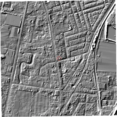 Shaded relief map of the ground around FY78AT, computed from Environment Agency LiDAR. The ground here sits at about 5 m above sea level and falls 5 m across the surrounding 800 m. Surface water reaching this point runs off ground lying to the west, 1.1 m higher.