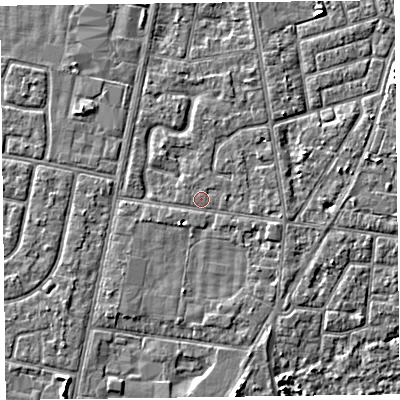 Shaded relief map of the ground around FY78AU, computed from Environment Agency LiDAR. The ground here sits at about 5 m above sea level and falls 5 m across the surrounding 800 m. Surface water reaching this point runs off ground lying to the east-south-east, 1.0 m higher.