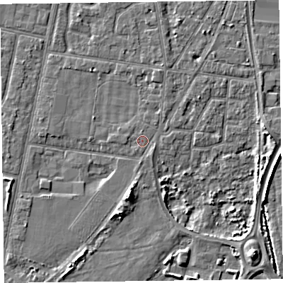 Shaded relief map of the ground around FY78AX, computed from Environment Agency LiDAR. The ground here sits at about 5 m above sea level and falls 6 m across the surrounding 800 m. Surface water reaching this point runs off ground lying to the south-east, 0.7 m higher.