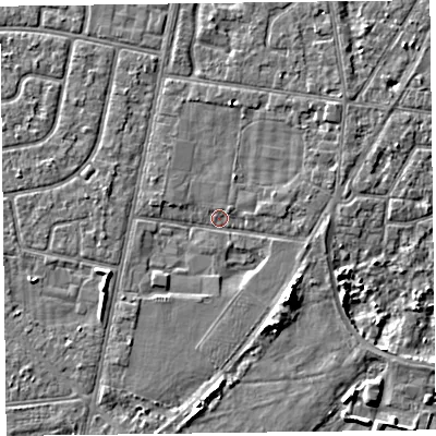 Shaded relief map of the ground around FY78AY, computed from Environment Agency LiDAR. The ground here sits at about 5 m above sea level and falls 6 m across the surrounding 800 m. Surface water reaching this point runs off ground lying to the south-east, 5.1 m higher.