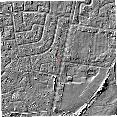 Shaded relief map of the ground around FY78BA, computed from Environment Agency LiDAR. The ground here sits at about 5 m above sea level and falls 5 m across the surrounding 800 m. Surface water reaching this point runs off ground lying to the east-south-east, 5.1 m higher.