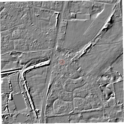 Shaded relief map of the ground around FY78BB, computed from Environment Agency LiDAR. The ground here sits at about 5 m above sea level and falls 6 m across the surrounding 800 m. Surface water reaching this point runs off ground lying to the south-east, 0.6 m higher.