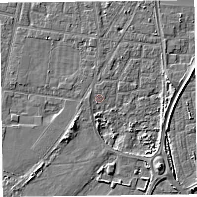 Shaded relief map of the ground around FY78BD, computed from Environment Agency LiDAR. The ground here sits at about 5 m above sea level and falls 6 m across the surrounding 800 m. Surface water reaching this point runs off ground lying to the east-north-east, 3.6 m higher.