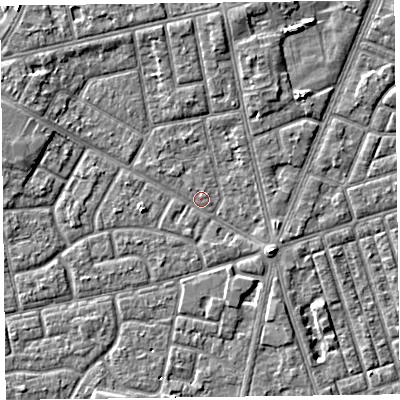 Shaded relief map of the ground around FY78BH, computed from Environment Agency LiDAR. The ground here sits at about 5 m above sea level and falls 3 m across the surrounding 800 m. Surface water reaching this point runs off ground lying to the south-east, 2.2 m higher.