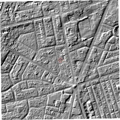 Shaded relief map of the ground around FY78BJ, computed from Environment Agency LiDAR. The ground here sits at about 5 m above sea level and falls 4 m across the surrounding 800 m. Surface water reaching this point runs off ground lying to the north, 2.0 m higher.