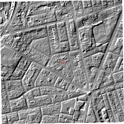 Shaded relief map of the ground around FY78BL, computed from Environment Agency LiDAR. The ground here sits at about 5 m above sea level and falls 4 m across the surrounding 800 m. Surface water reaching this point runs off ground lying to the west-south-west, 1.0 m higher.