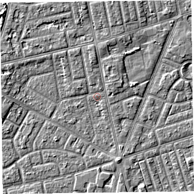 Shaded relief map of the ground around FY78BN, computed from Environment Agency LiDAR. The ground here sits at about 5 m above sea level and falls 5 m across the surrounding 800 m. Surface water reaching this point runs off ground lying to the north, 2.0 m higher.